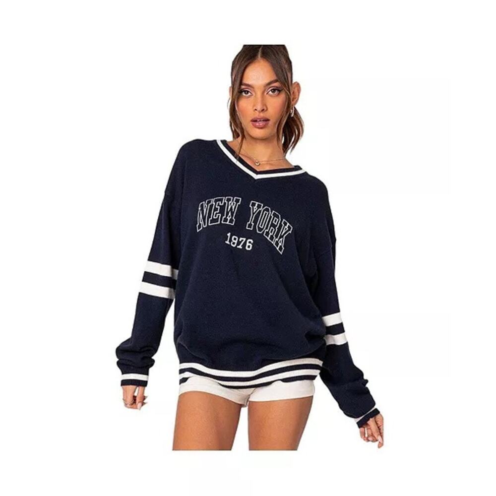 Edikted 90s New York Oversized Sweater Women’s Medium Navy Cozy Streetwear
